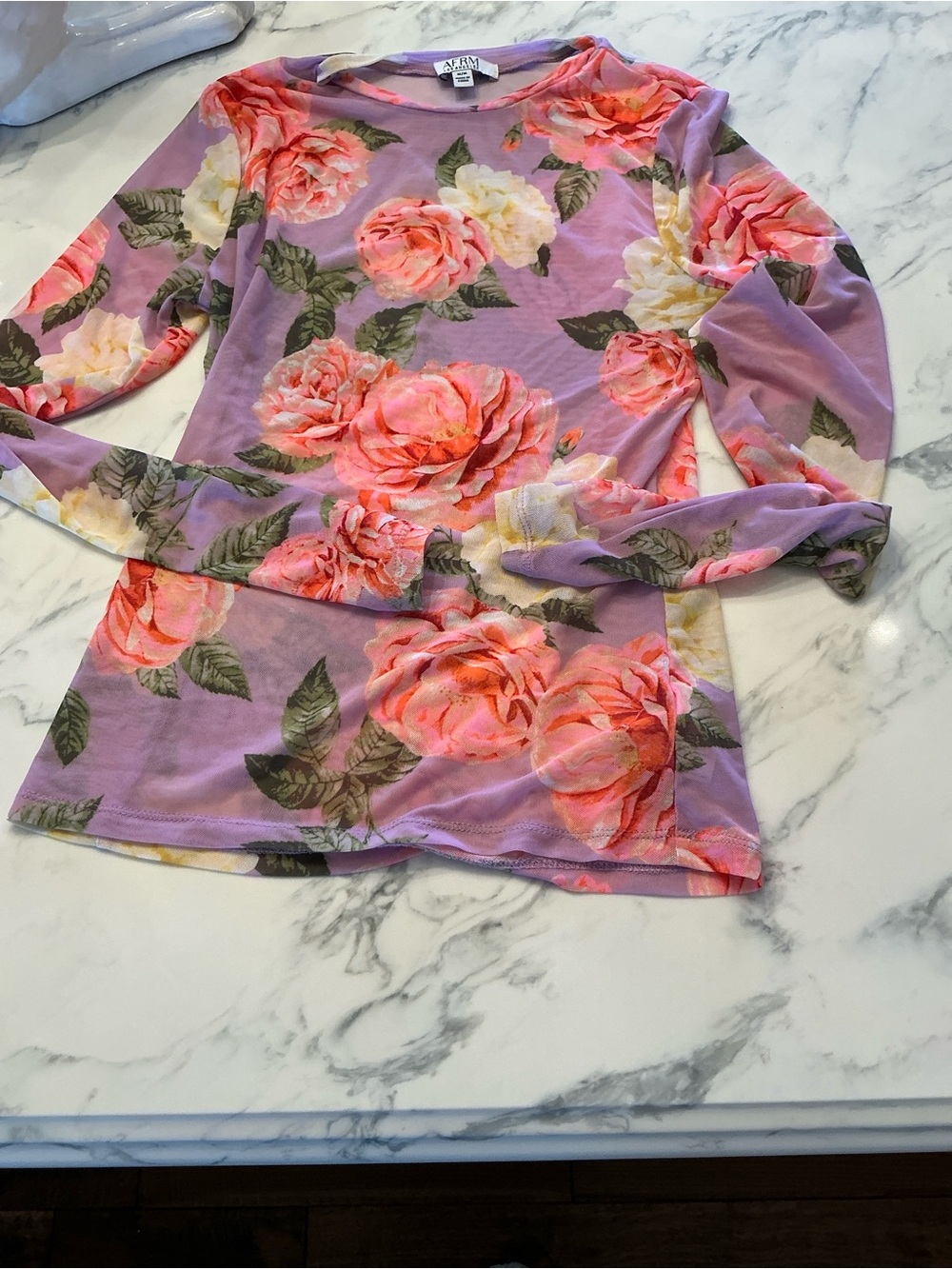 Alfani Lavender Long-Sleeve Tee with Pink & Cream Rose Print